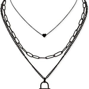 Gothic Silver-Tone Black Layered Heart Lock Necklace Punk Jewelry